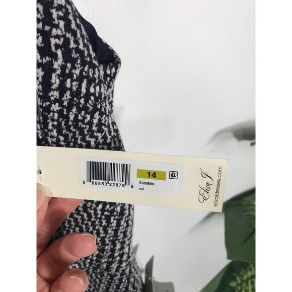 Eliza J NWT Navy Blue White Textured Dress Simple Cute Feminine Women's 14 Guest - Picture 4 of 11